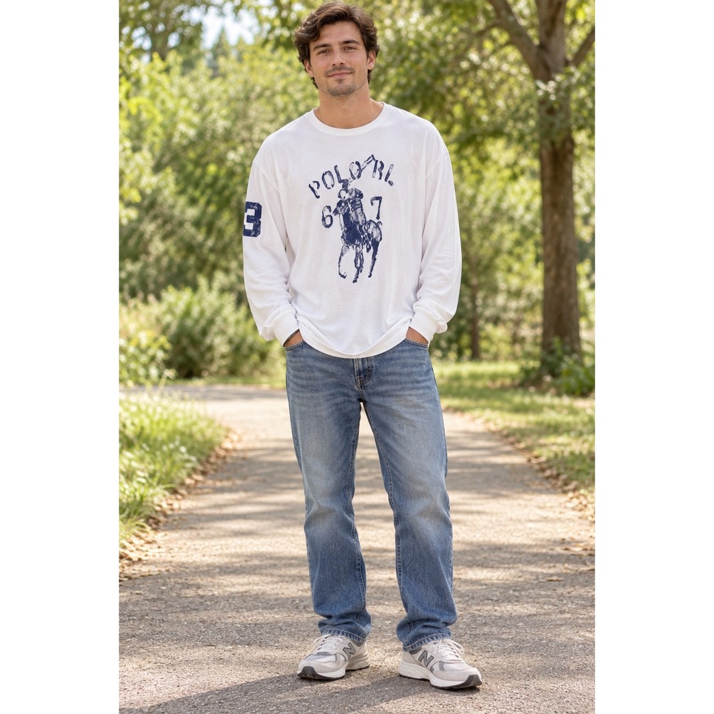 Polo Ralph Lauren M Flawed White Graphic Long Sleeve T XL Distressed Polo 67